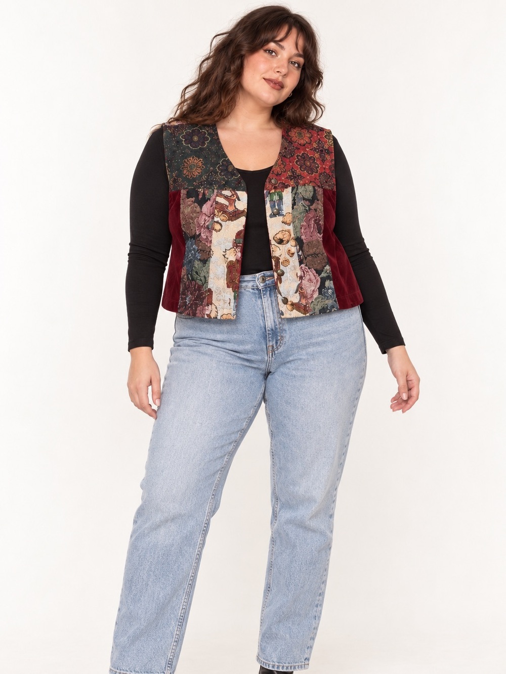 Vintage 90s Patchwork Tapestry Velvet Vest Floral Whimsigoth L/XL